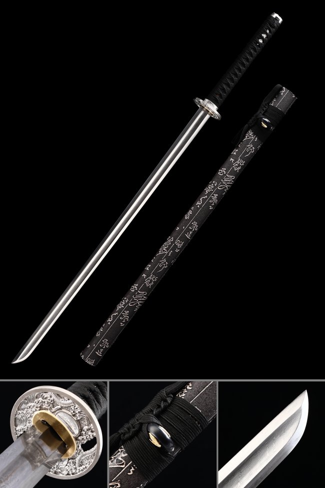 Folded Pattern Steel Ninjato with Dragon Tsuba - Black Cord Handle & Kanji Saya