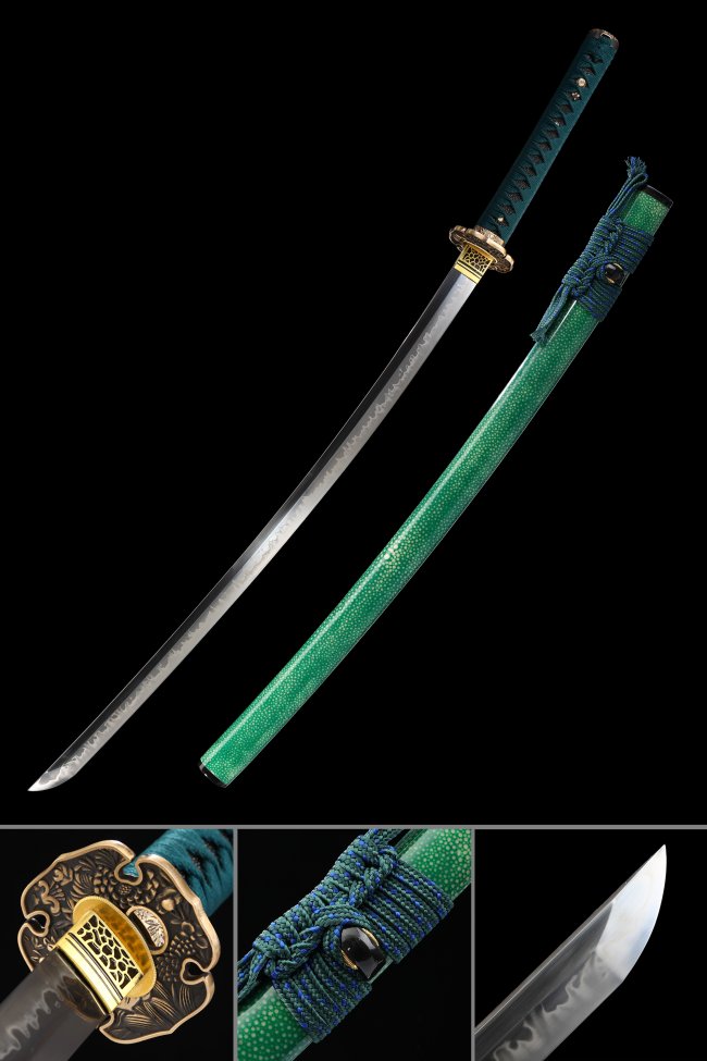Green Katana T10 Folded Clay Tempered Steel with Real Hamon - Rayskin Saya and Copper Floral Tsuba