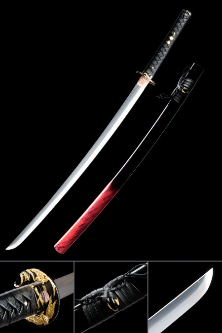 Handmade Japanese Katana Sword With Black And Red Scabbard