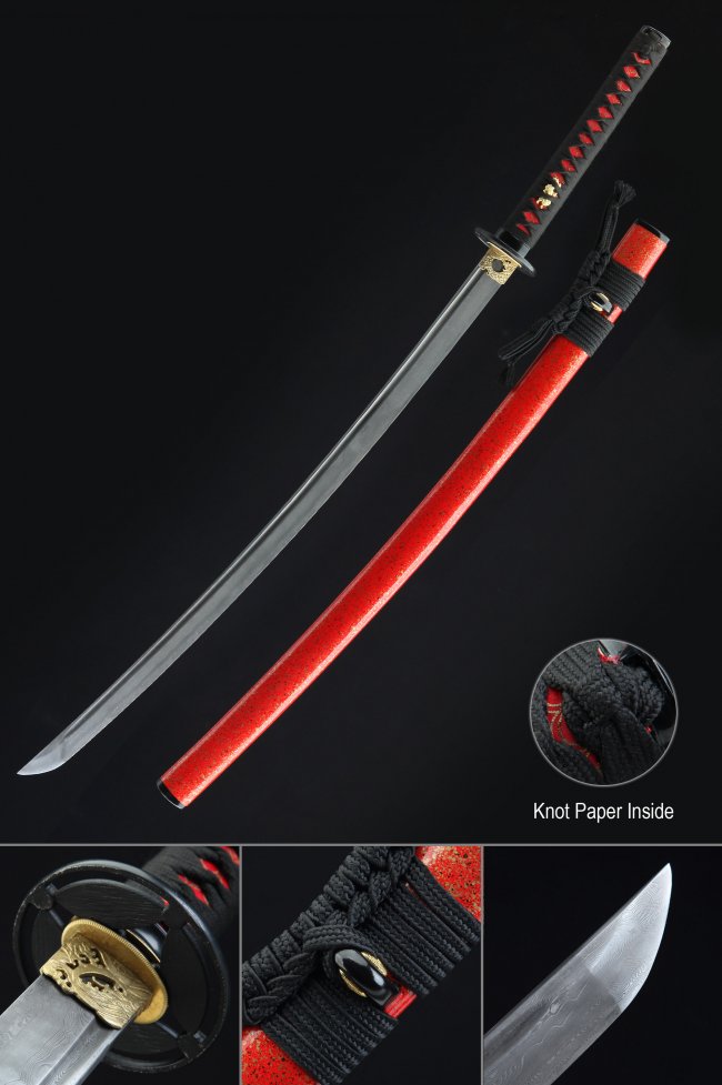 Damascus Steel Katana with Red Lacquered Hardwood Saya - Black-Gold Dragon Tsuba, Full Tang