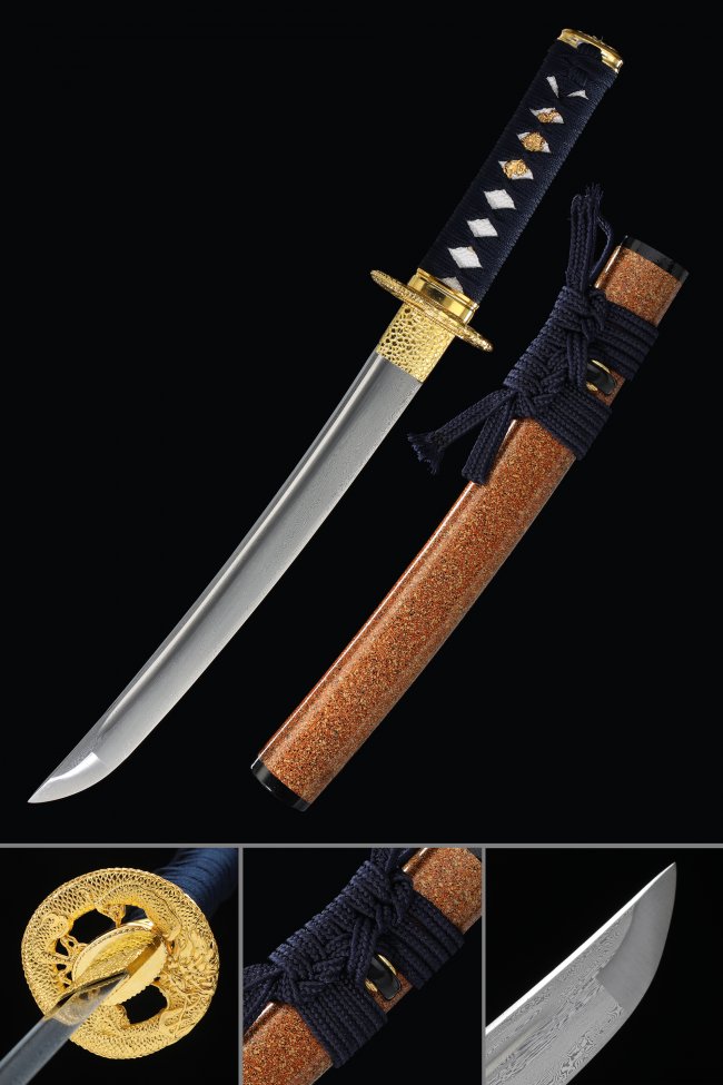 Damascus Steel Tanto with Orange Rayskin Saya - Gold Crane Tsuba, Dark Blue Ito