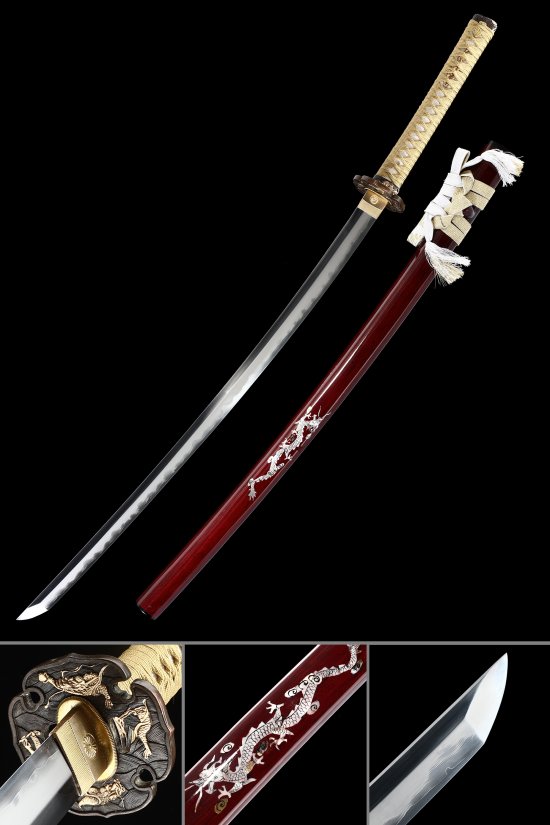 Damascus Steel Katana with Hamon Blade - Dark Red Dragon Saya, Beige Tsuka, Bronze Tsuba