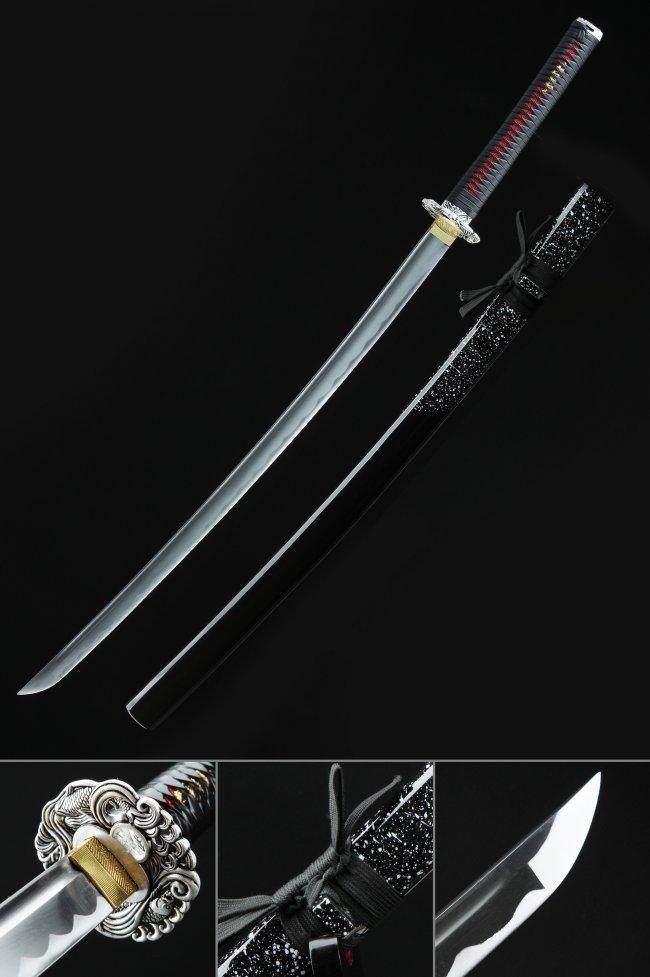 1045 Carbon Steel Katana Sword with Waves and Fish Silver Tsuba in Black Speckled Saya