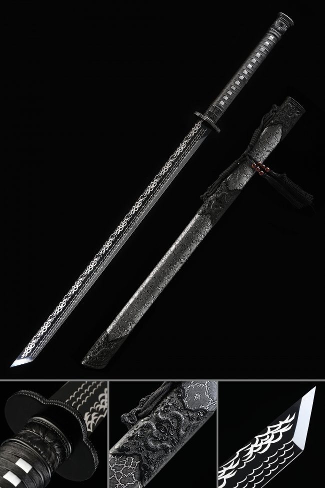 Chinese Dao Broadsword - Manganese Steel Black Blade With Dragon Scale Leather Scabbard 44 Inches