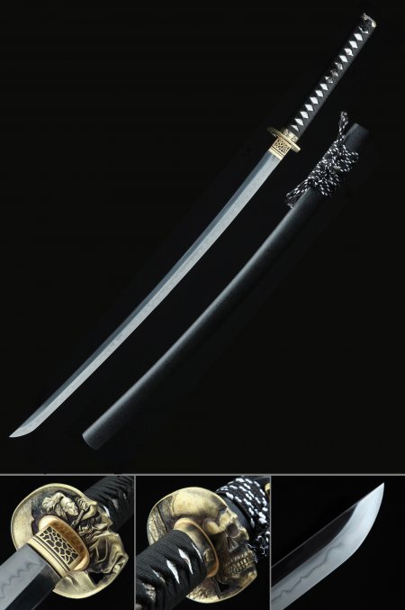 Handmade Japanese Katana Sword T10 Folded Clay Tempered Steel With Skull Tsuba