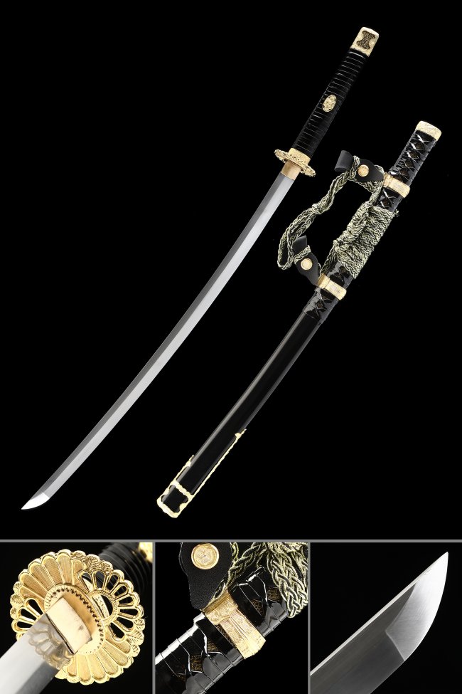Nodachi Sword in Manganese Steel with Gold Chrysanthemum Tsuba - Black Lacquer Saya & Green Sageo