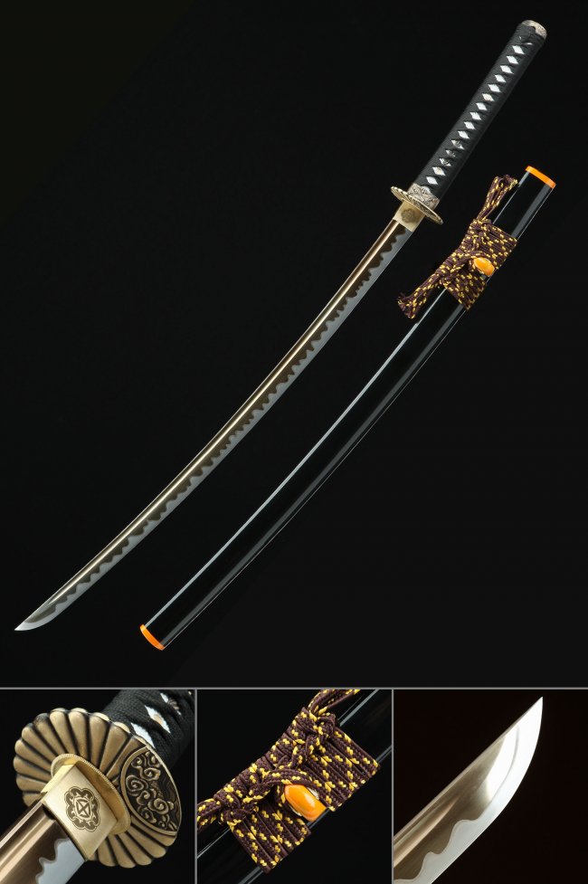 Manganese Steel Katana with Hamon Blade, Gold Tsuba & Black Lacquer Saya - Brown-Gold Sageo