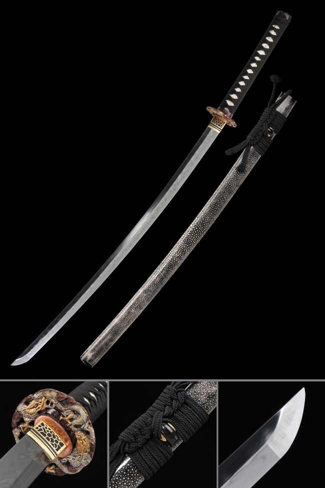 T10 Carbon Steel Katana with Dragon Tsuba - Rayskin Saya, Black Ito, Brown-Gold Fittings