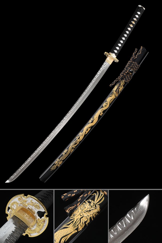Damascus Steel Katana with Gold Dragon Saya and Copper Dragon Tsuba in Black Piano Lacquer Finish