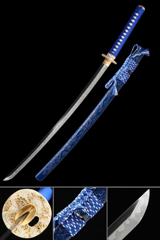 Blue Katana with T10 Carbon Steel Blade, Gold Alloy Tsuba & Dragon-Carved Hardwood Saya