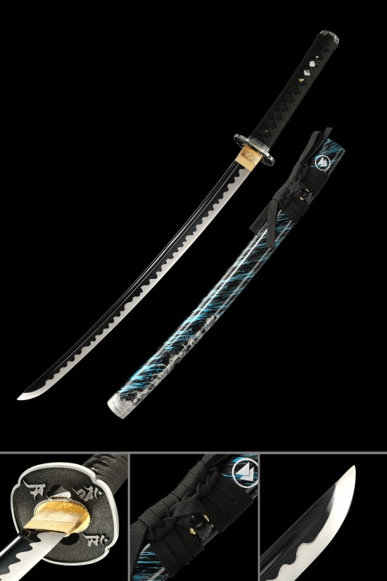 Manganese Steel Wakizashi with Lightning Saya in Black-Teal - Geometric Tsuba, Black Cord Handle