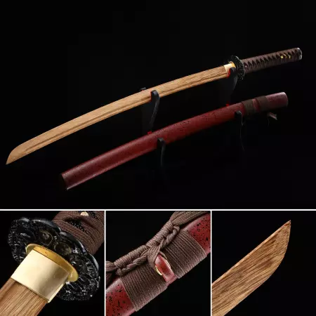 Handmade Japanese Wooden Unsharp Katana With Brown Blade And Dark Red Scabbard