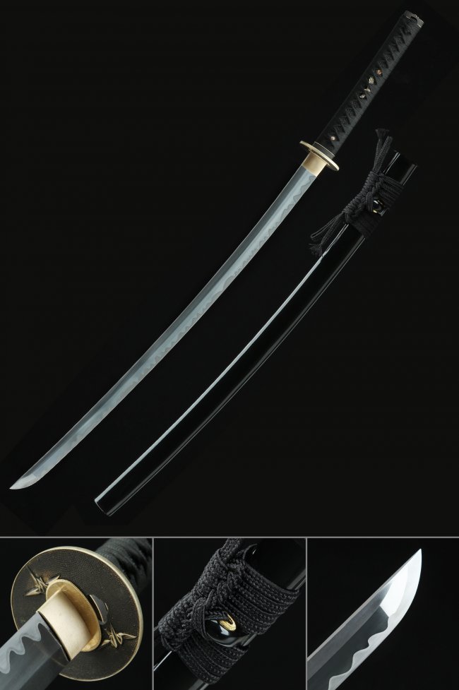 T10 Carbon Steel Clay Tempered Katana with Crane Tsuba in Black Piano Lacquer Saya - Full Tang Collectible Sword