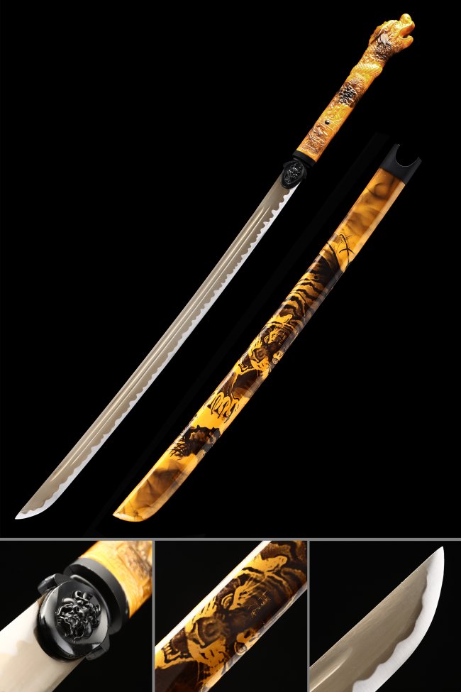1045 Steel Katana with Dragon Head Resin Handle and Tiger Theme Saya in Golden Yellow
