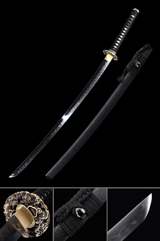 Clay Tempered T10 Carbon Steel Katana with Real Hamon in Black Matte Saya - Dragon Tsuba Full Tang Samurai Sword