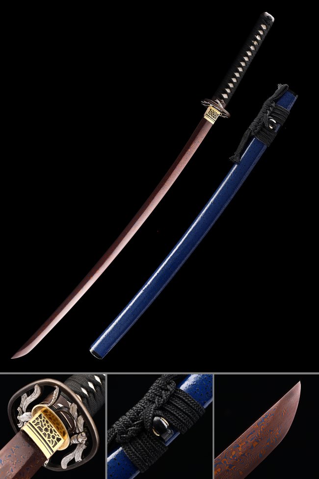 Damascus Steel Katana with Dark Red Blade, Blue Piano Lacquer Saya & Phoenix Tsuba