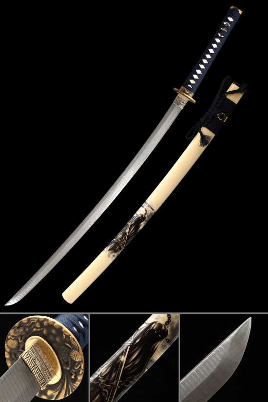 Damascus Steel Katana with Beige Hardwood Saya - Dark Blue Ito, Chrysanthemum Tsuba, 28.74" Blade