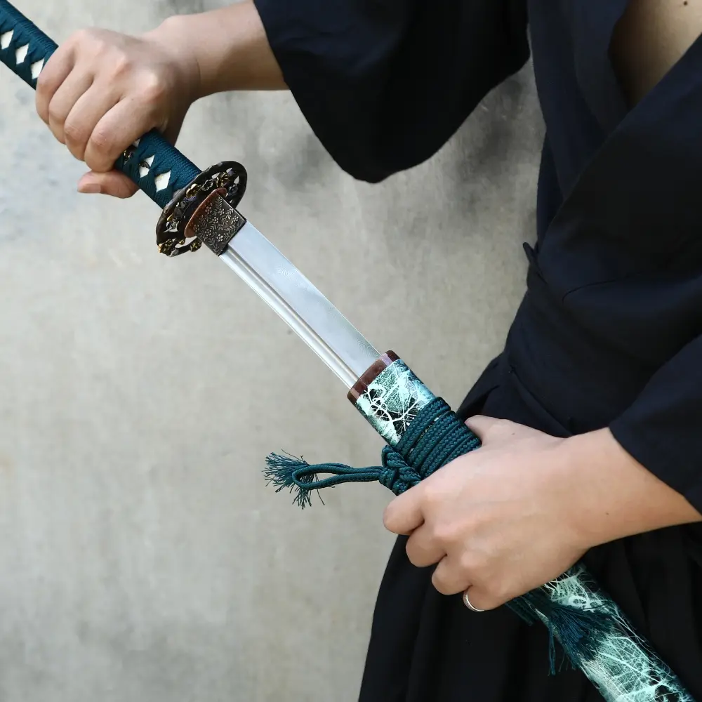 Damascus Katana | Damascus Steel Katana with Teal Marble Hardwood