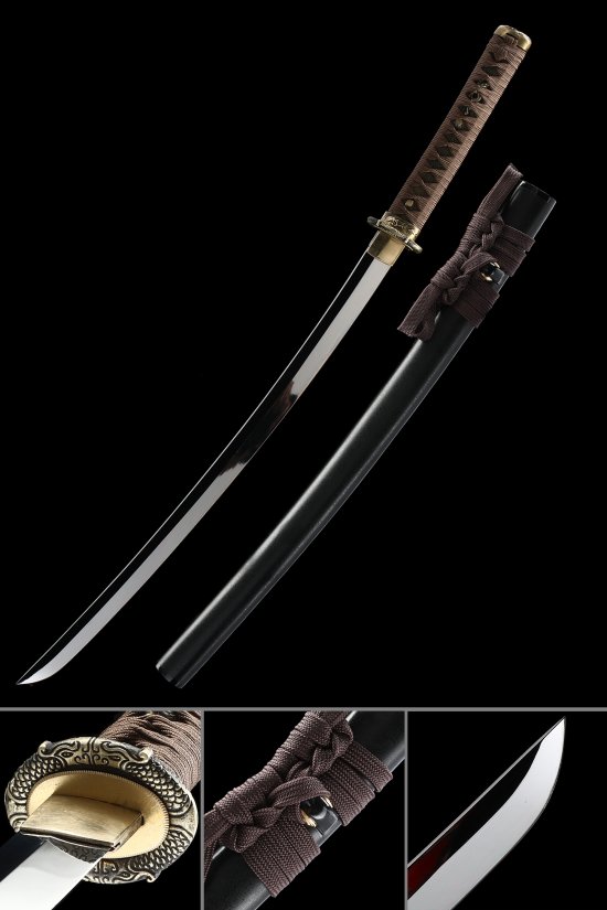 Hand-Forged Spring Steel Wakizashi with Dragon Tsuba in Black Saya - Brown Cord Wrap