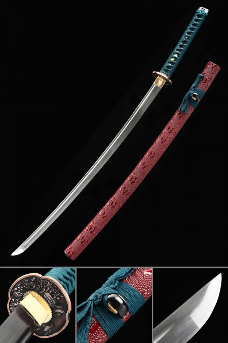Handmade Japanese Sword High Manganese Steel With Red Scabbard And Copper Tsuba
