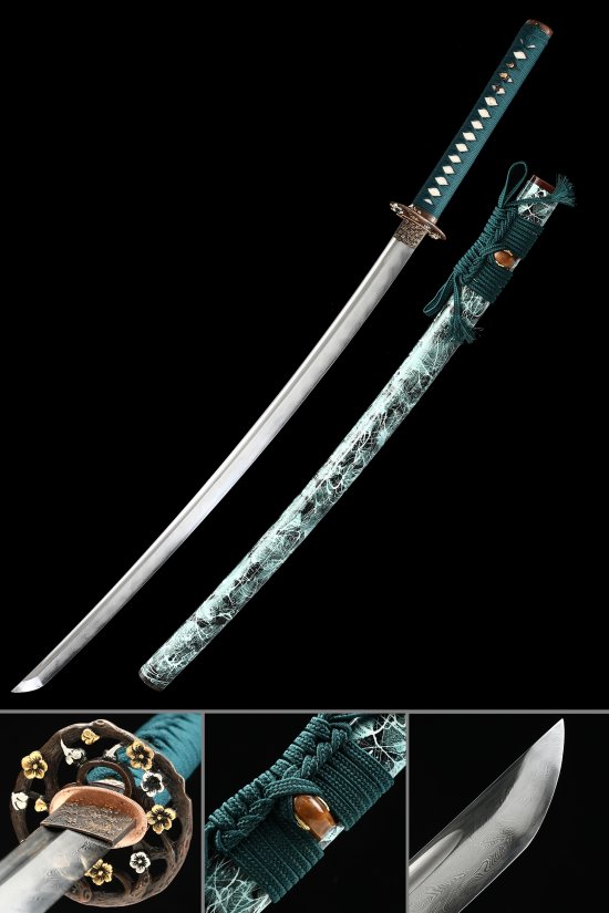 Damascus Steel Katana with Teal Marble Hardwood Saya - Bronze Floral Tsuba, Teal Cord Handle