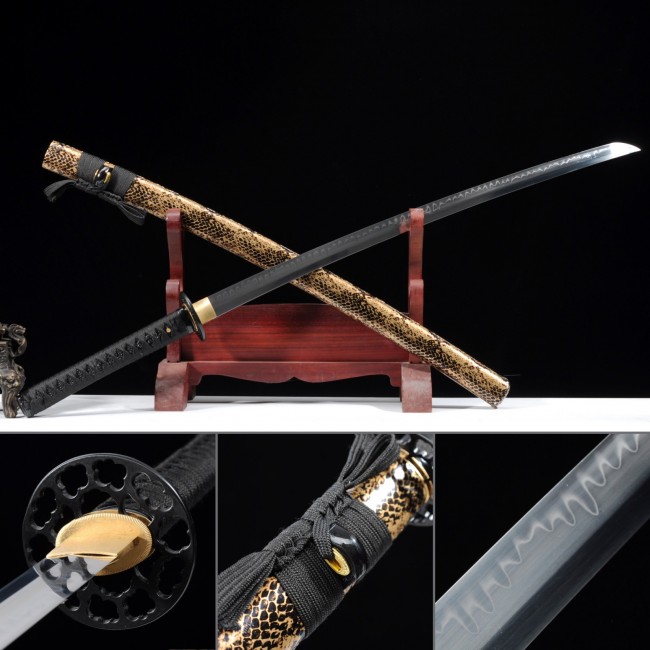 T10 Folded Clay Tempered Steel Katana with Snake Skin Saya - Black Ito Handle in Golden Python Scabbard