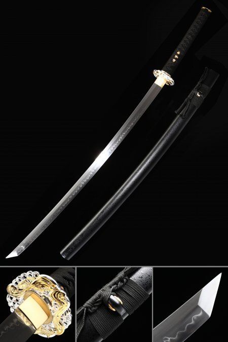 Hamon Katana, Japanese Samurai Sword T10 Folded Clay Tempered Steel With Black Scabbard