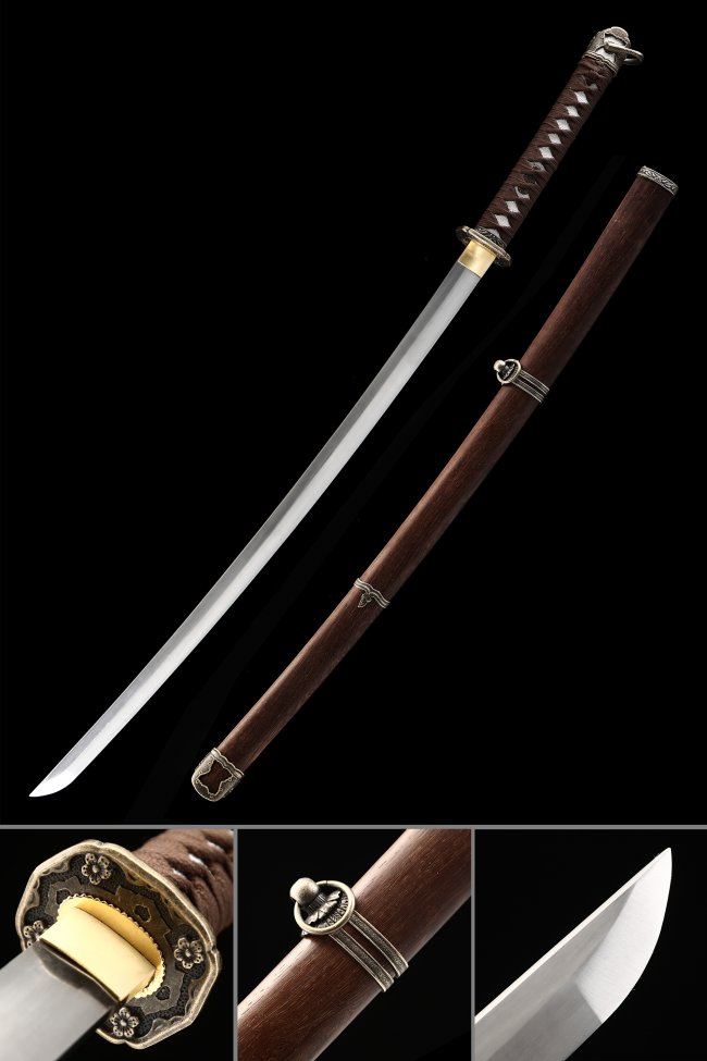WWII Type 98 Shin Gunto Officer Katana - 1065 Carbon Steel with Brown Rosewood Saya and Alloy Flower Tsuba