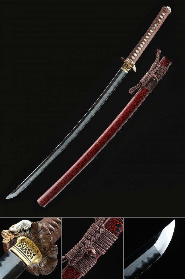 T10 Steel Katana with Clay Tempered Blade, Lotus Tsuba in Gold, Dark Red Crackle Lacquer Saya
