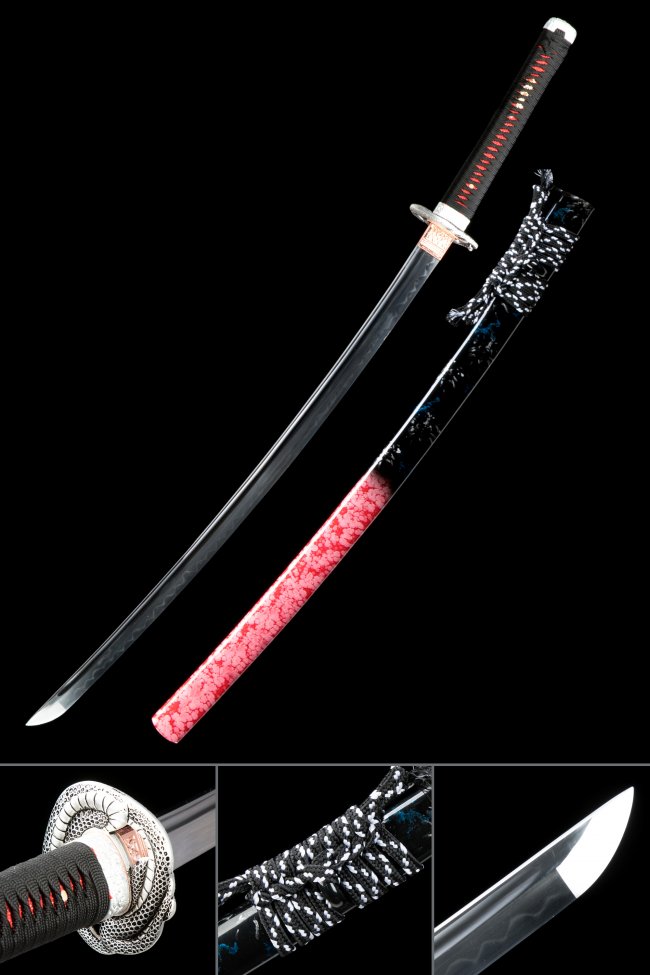 T10 Carbon Steel Katana with Snake Tsuba in Black-Red - Full Tang, Real Hamon, Black & White Sageo