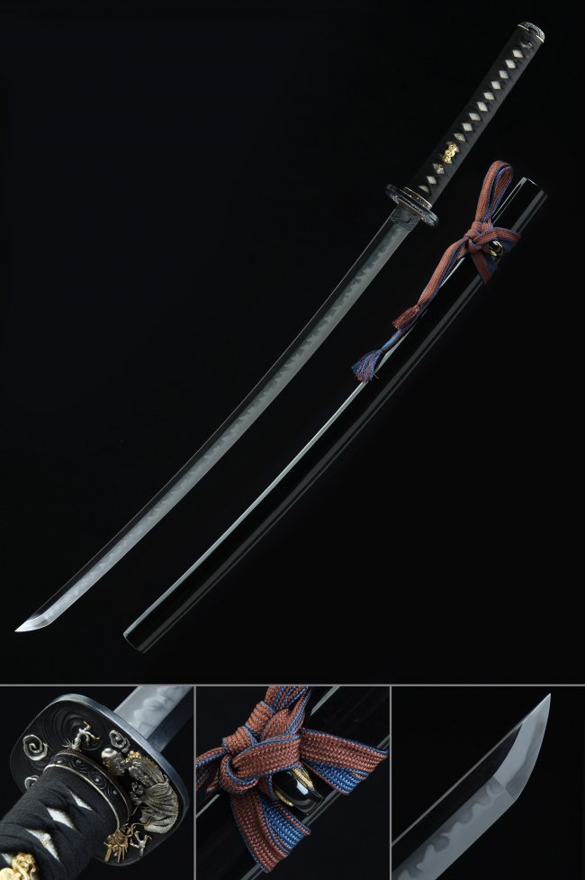 Tiger Tsuba T10 Carbon Steel Katana, Clay Tempered, Real Hamon & Full Tang