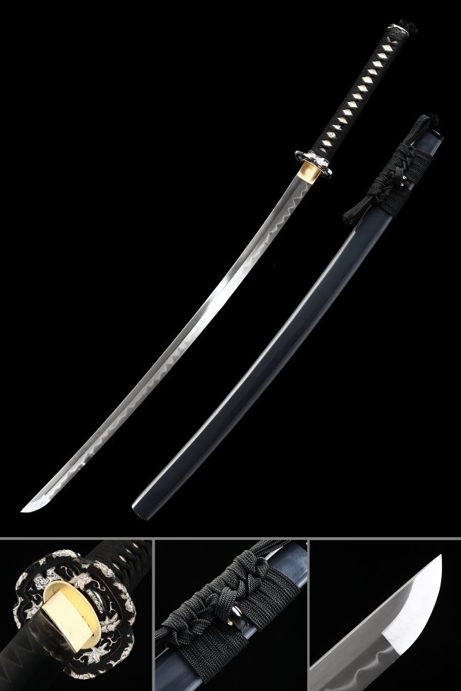 T10 Folded Clay Tempered Katana with Real Hamon - Blue Blade, Silver Flower Tsuba, Full Tang