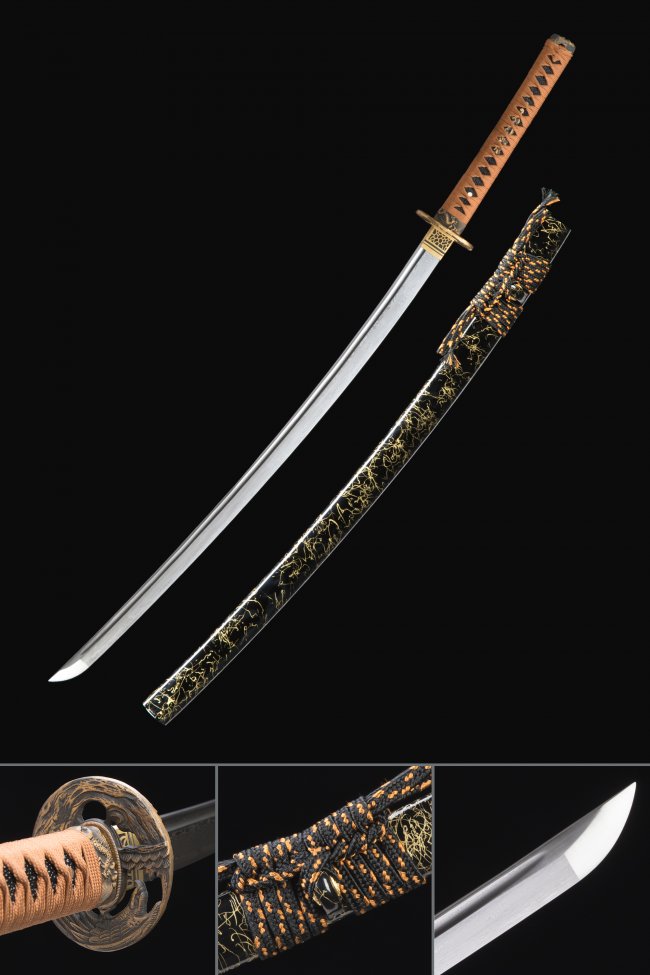Damascus Steel Katana with Crane Tsuba, Brown Ito & Black-Gold Vine Saya - Full Tang