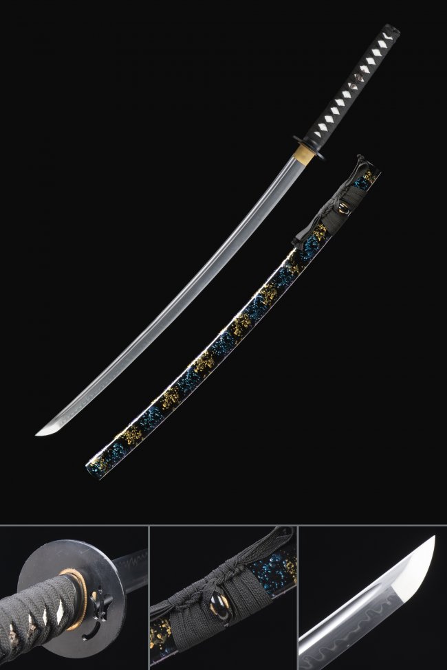 T10 Carbon Steel Katana with Real Hamon - Black Dragon Saya in Blue & Gold Lacquer