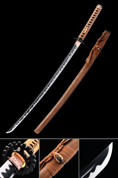 Handmade Japanese Katana Sword With Brown Scabbard And Gear Tsuba