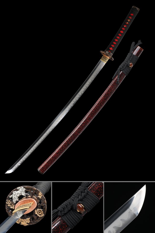 T10 Carbon Steel Katana with Real Hamon, Red Speckled Saya and Floral Copper Tsuba