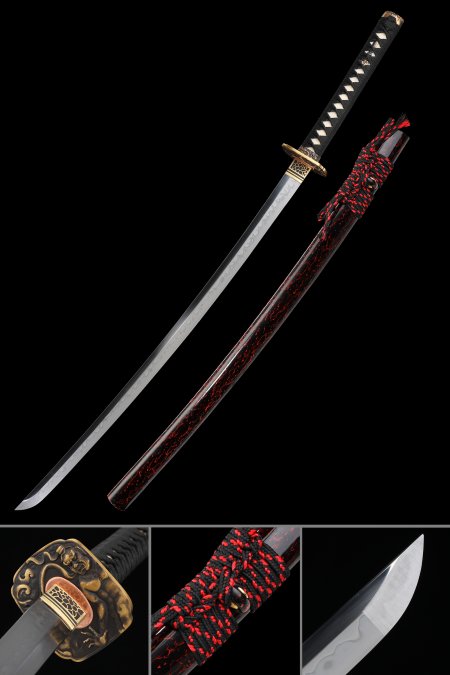 Handmade Real Hamon Japanese Katana Sword With Black And Red Scabbard