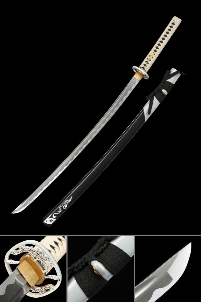 1060 Carbon Steel Katana with Dragon Tsuba - Black Lacquer Saya & White Ito