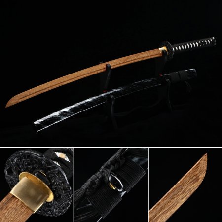 Handmade Japanese Wooden Unsharp Samurai Sword With Brown Blade And Black Scabbard