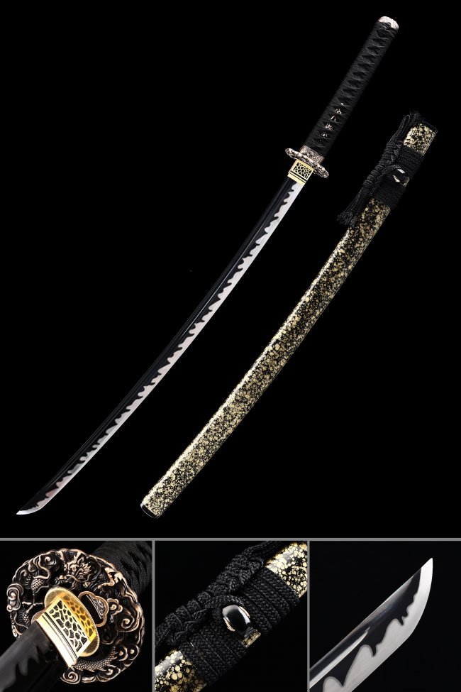Manganese Steel Katana with Dragon Bronze Tsuba - Gold-Black Floral Lacquer Saya, Full Tang