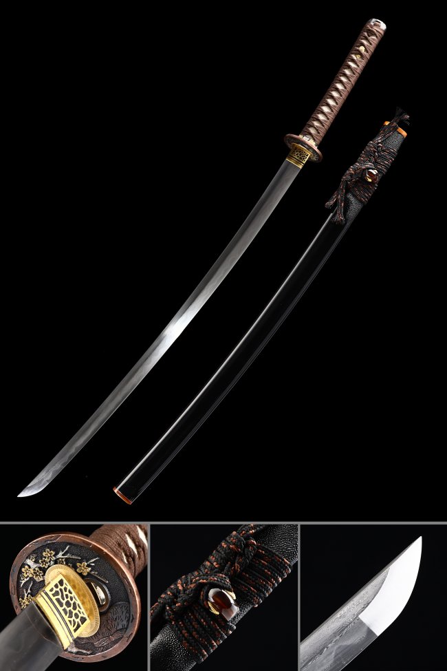 Hand Forged Damascus Steel Katana with Real Hamon - Gold and Silver Gilding Tsuba, Black Saya