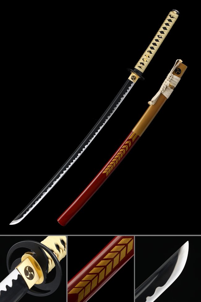 Manganese Steel Katana with Black Blade in Red-Gold Hardwood Saya - Beige Cord Handle Full Tang