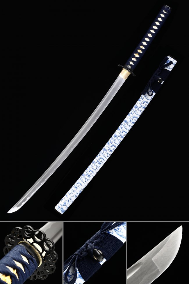 1060 Carbon Steel Katana with Blue-White Dragon Saya and Dark Blue Tsuka Wrap