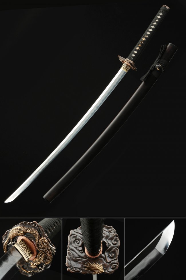 Damascus Steel Clay Tempered Katana with Gold Dragon Tsuba in Black Ito Wrap - Collectible Samurai Sword