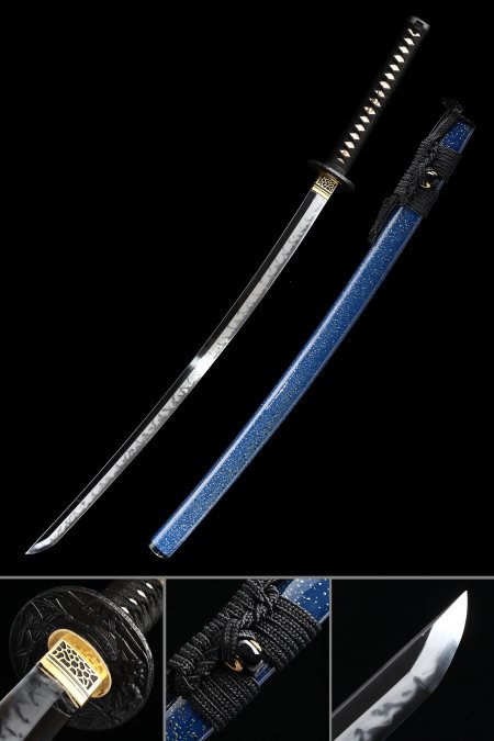 Authentic Katana, Handmade Japanese Sword T10 Folded Clay Tempered Steel With Blue Scabbard