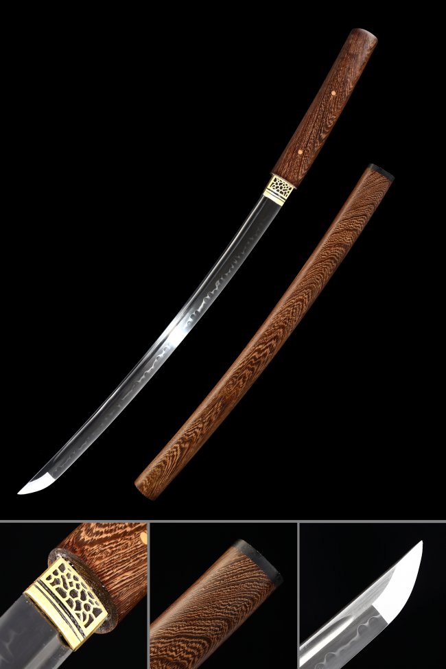 T10 Folded Clay Tempered Shirasaya Wakizashi with Wenge Wood Saya and Gold Openwork Habaki