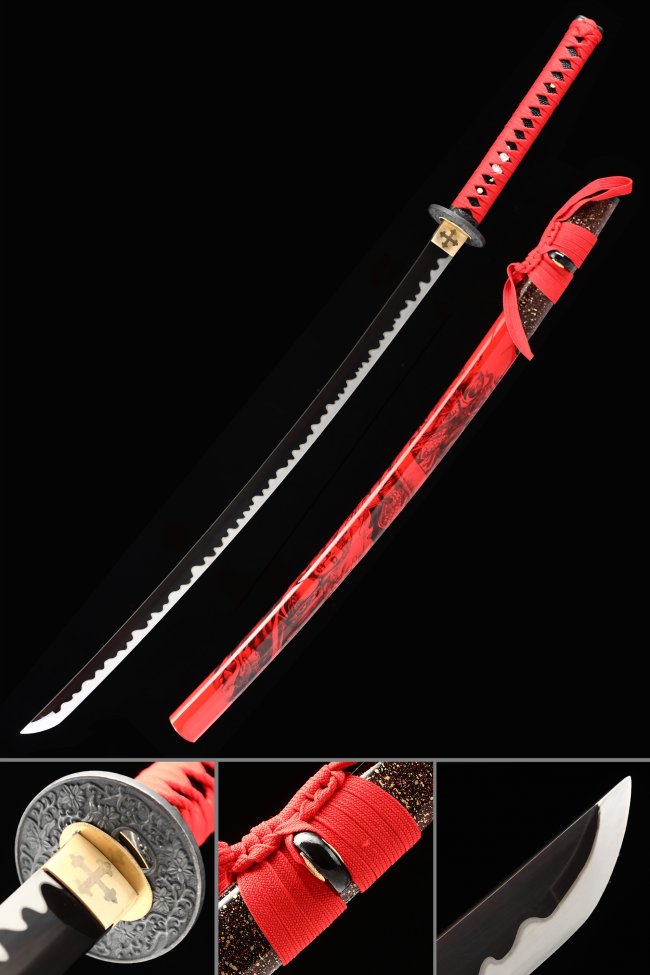 Manganese Steel Black Blade Katana with Red Lacquer Dragon Saya and Chrysanthemum Tsuba