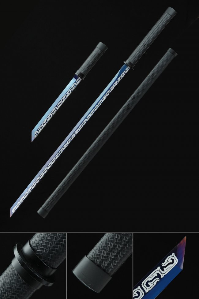 Full Tang Manganese Steel Ninjato, Black Saya, Black Tsuka & Blue Blade