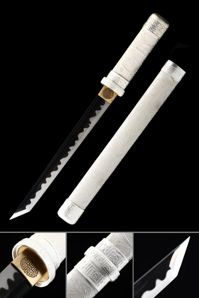 Manganese Steel Tanto with Black Blade, White Engraved Saya and Cord Handle