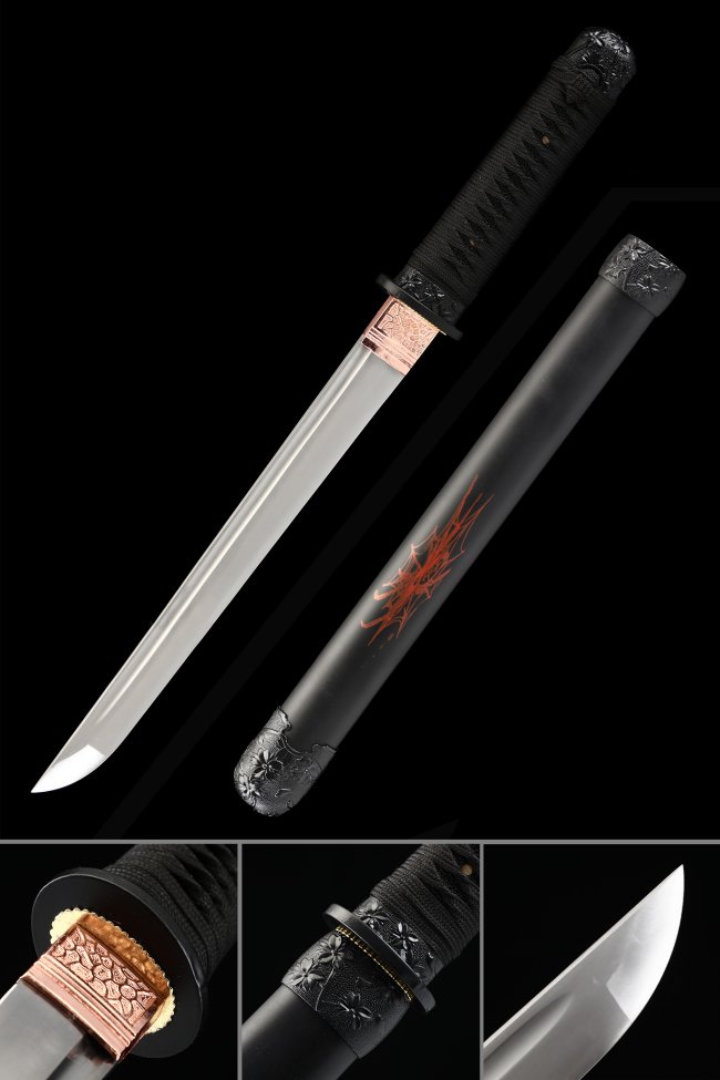Manganese Steel Hamidashi Tanto in Black Lacquer Saya with Rose Gold Tsuba and Dragon Motif